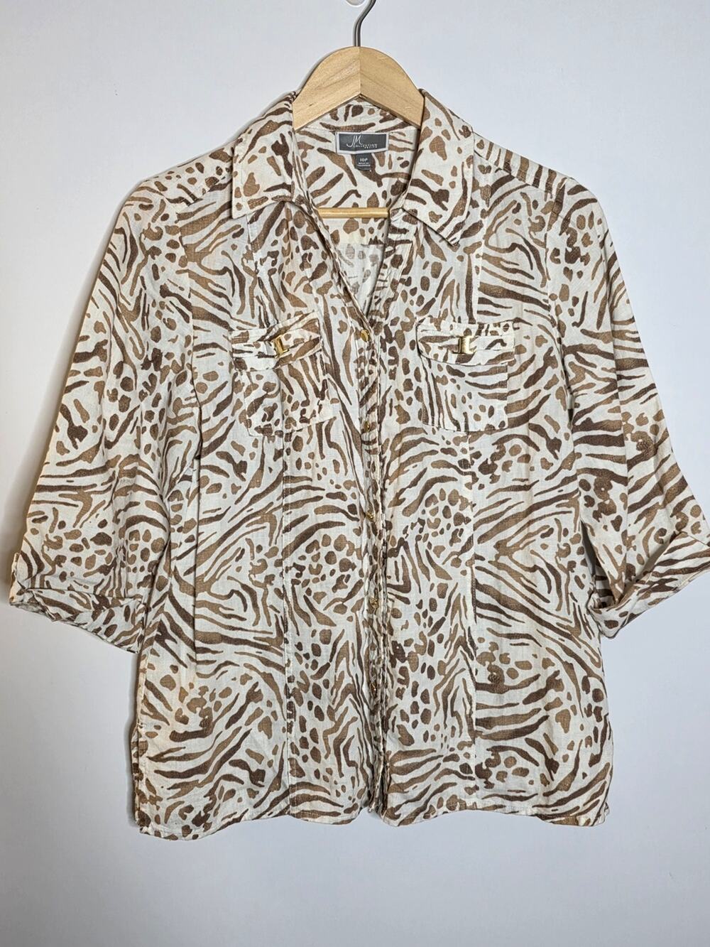 JM Collection Animal Print Button-Up 100% Linen Shirt Neutral Tan & Cream